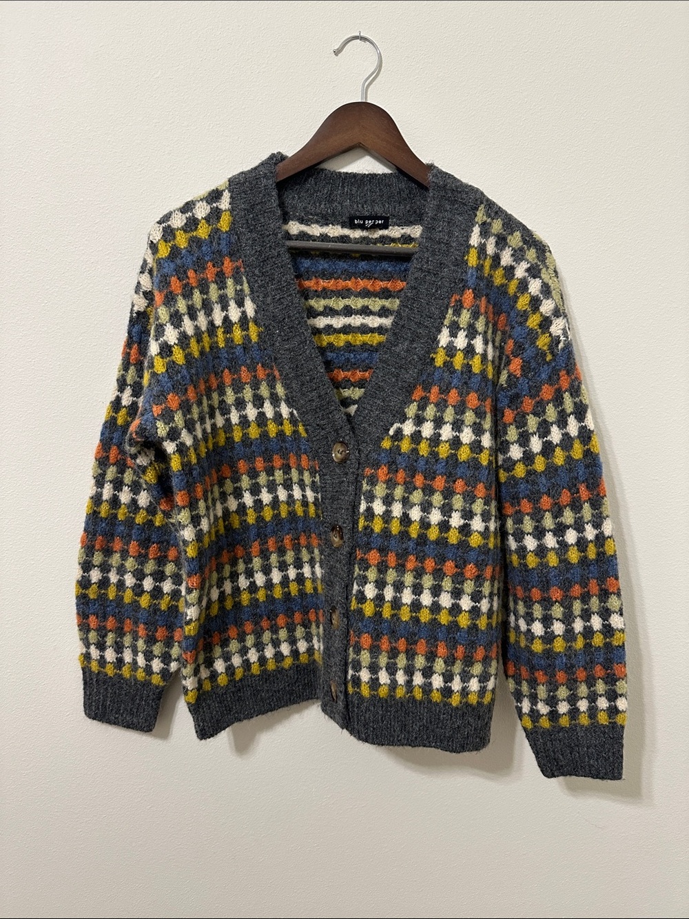 Blu Pepper Multicolor Geometric V-Neck Cardigan — Charcoal Trim
